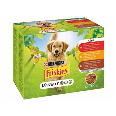 Obrázok FRISKIES Dog ADULT kapsička hov.+zemiaky, kura+mrkva, jahňa+mrkva šťava 12x100g